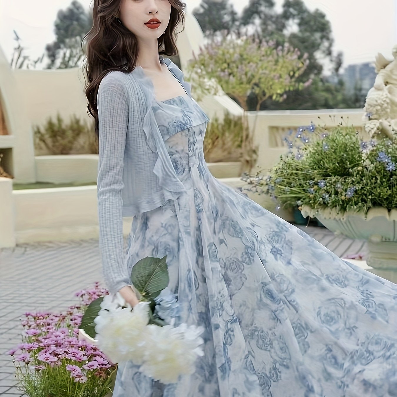 Gul naqshli belbog'li ko'ylak to'plami, ribbed kardigan va A-line ko'ylak, ayollar kiyimlari.