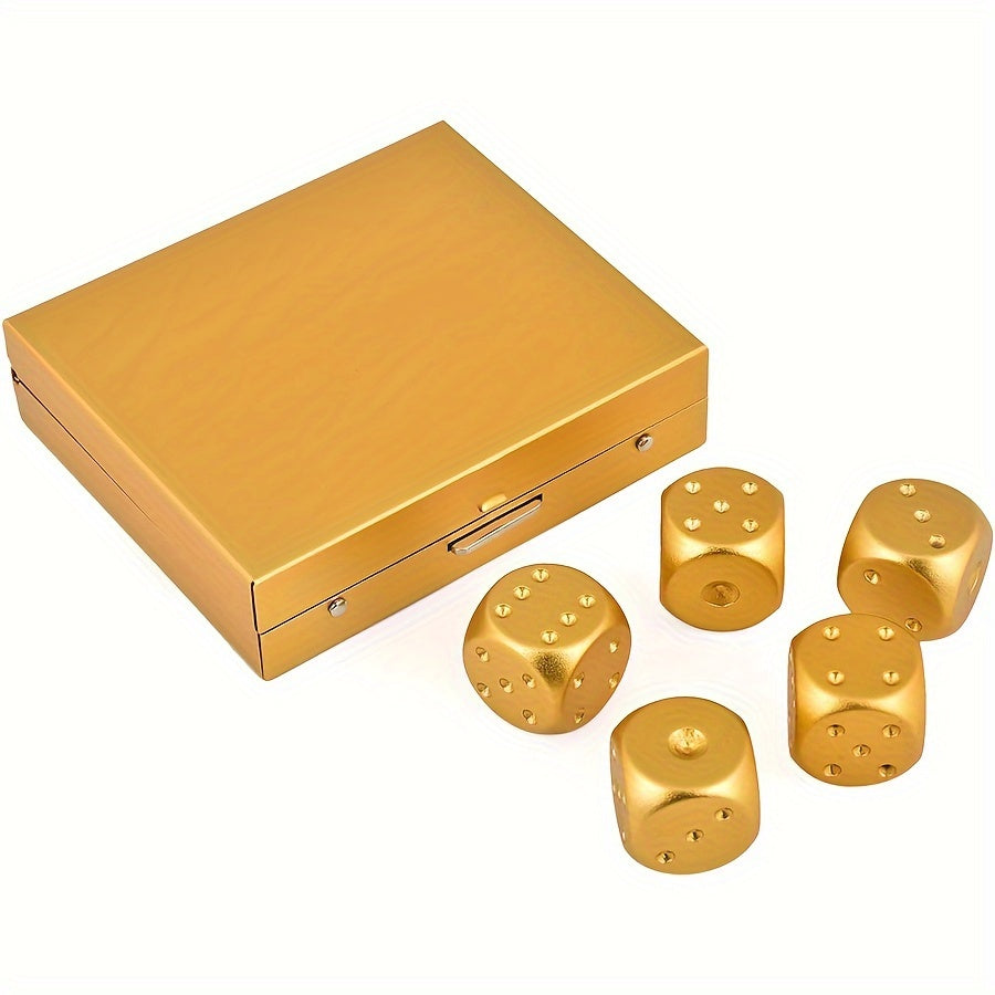 Set of 5 Gold Aluminum Alloy Dice with Storage Box for Party Games
