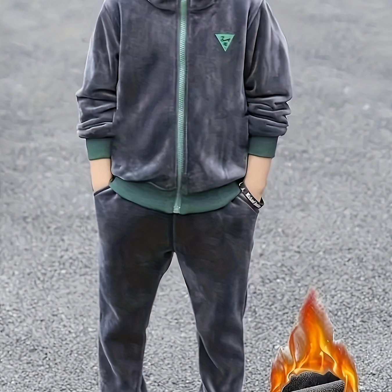 Boys Velvet Hooded Two-Piece Suit Fall Winter Zipper Alphabet Pattern