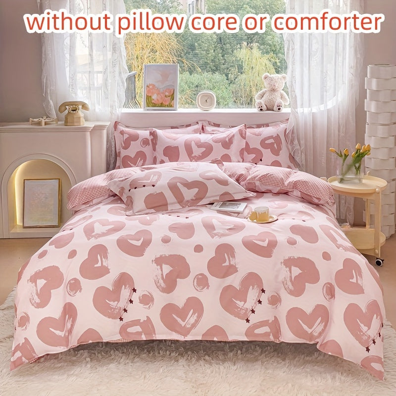 Pink Heart Print Duvet Cover Set 4 Pieces All-Season Bedding for Bedroom Guest Room