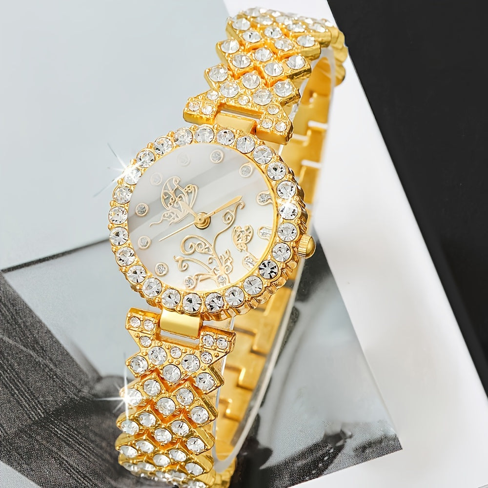 5-qismli ayollar uchun soat va zargarlik to'plami, kvarts harakati, analog dumaloq ko'rsatkich, kristall aksentli qotishma tasma, ona uchun sovg'a to'plami