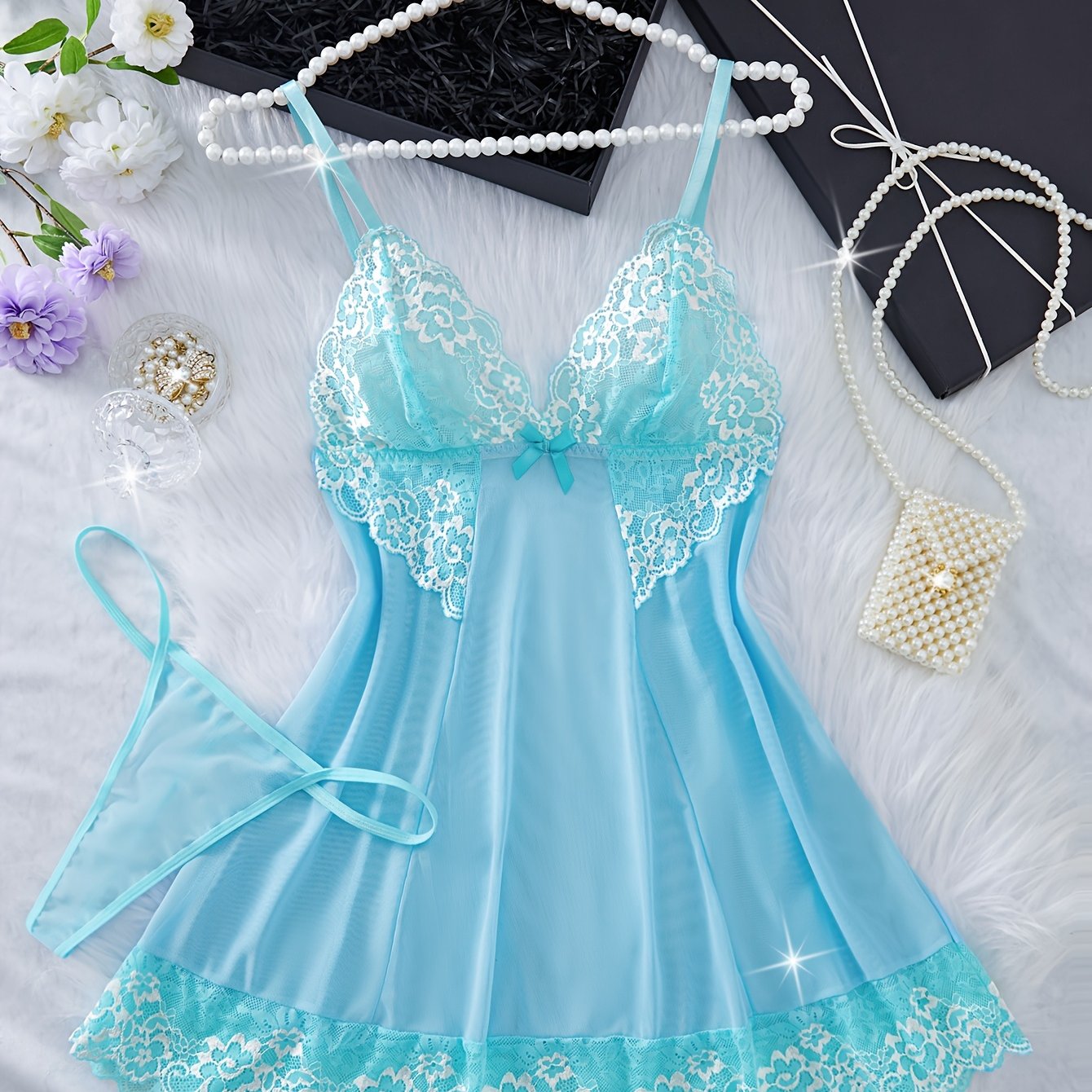 Women's Floral Lace Lingerie Set with V-Neck Nightgown Thong and Bow-Knot