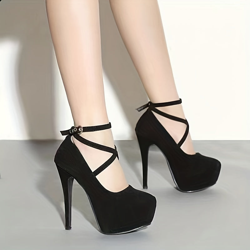 Women's Black Crossed Strap High Heels with Thin Stiletto Heel and Waterproof Platform