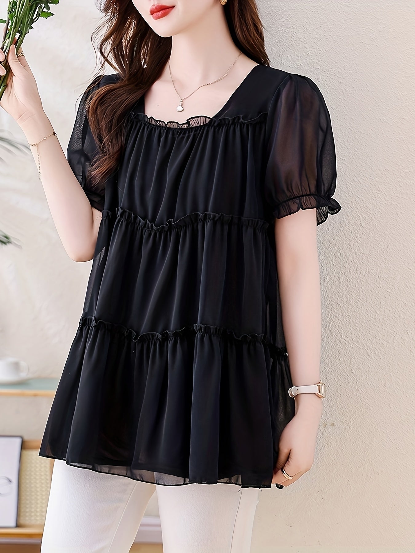 Women's Plus Size Chiffon Blouse Black Short Sleeve Casual Top