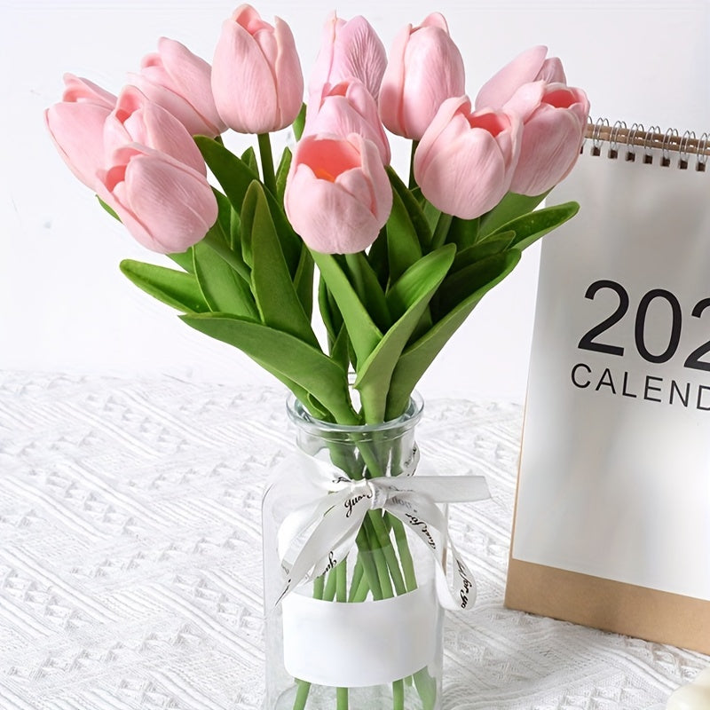 Artificial White Tulip Flowers with Green Leaves for Weddings Home Decor Set of 10