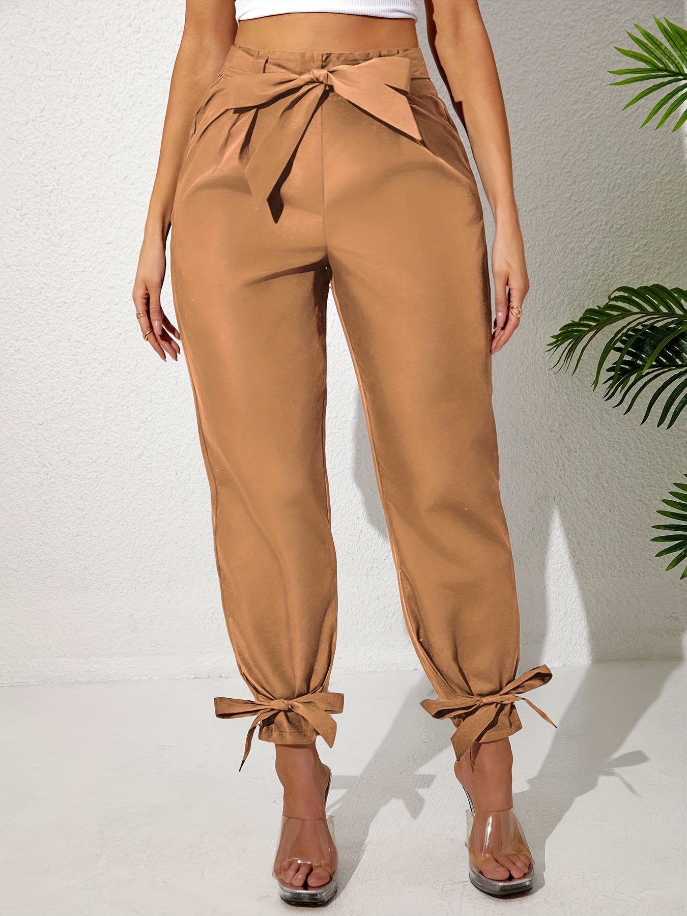 Pantalones anchos de talla grande para mujer con lazo en la parte delantera, color sólido, largo recto, verano, casual, con cintura elástica