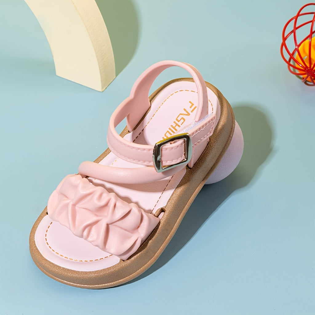 Girls Kids Black PVC Princess Sandals with Ruffled Design and Hook and Loop Closure