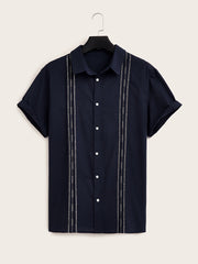 Plus Size Men's Cotton Short Sleeve Shirt with Embroidered Pattern for Summer