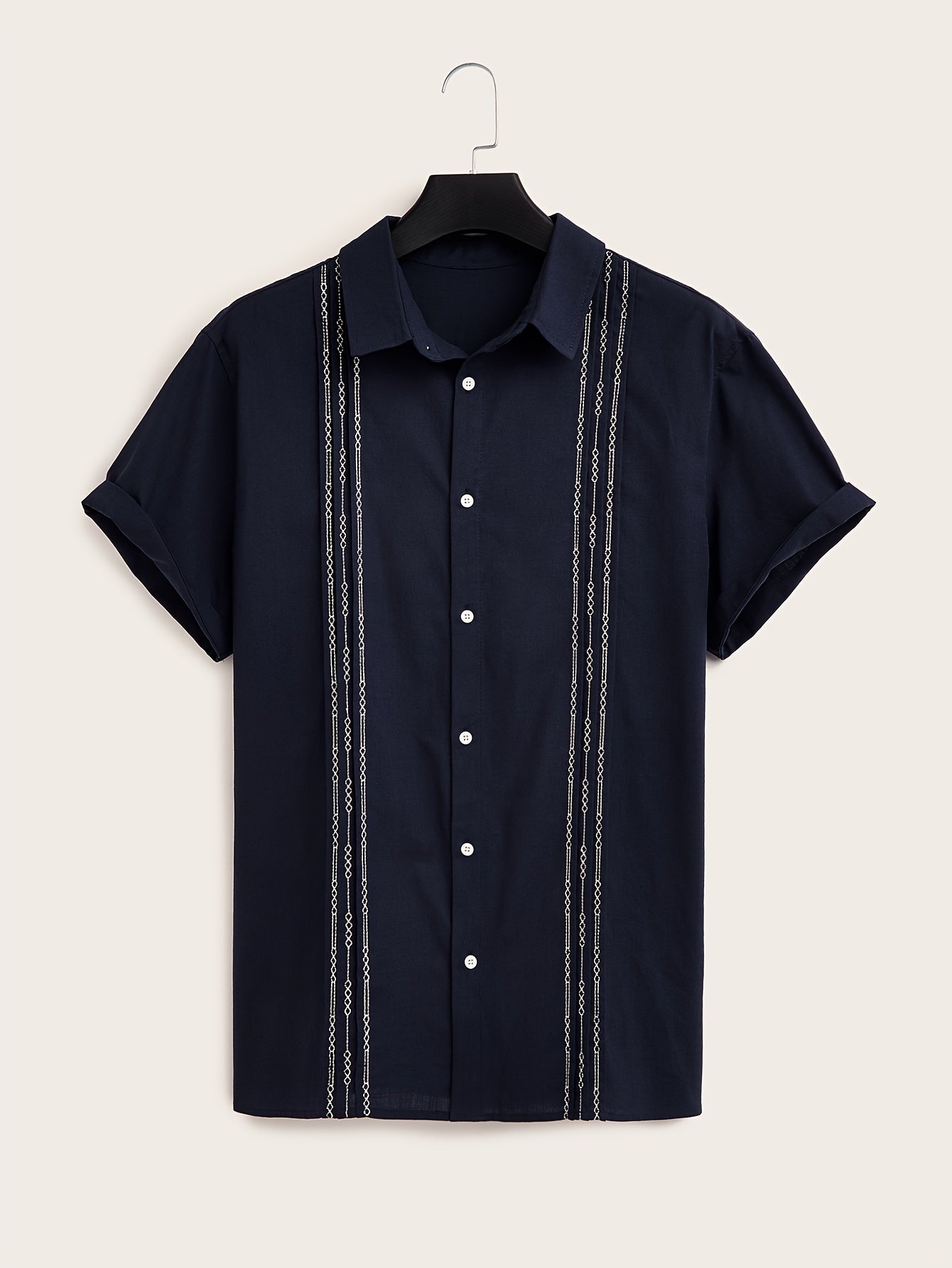 Plus Size Men's Cotton Short Sleeve Shirt with Embroidered Pattern for Summer