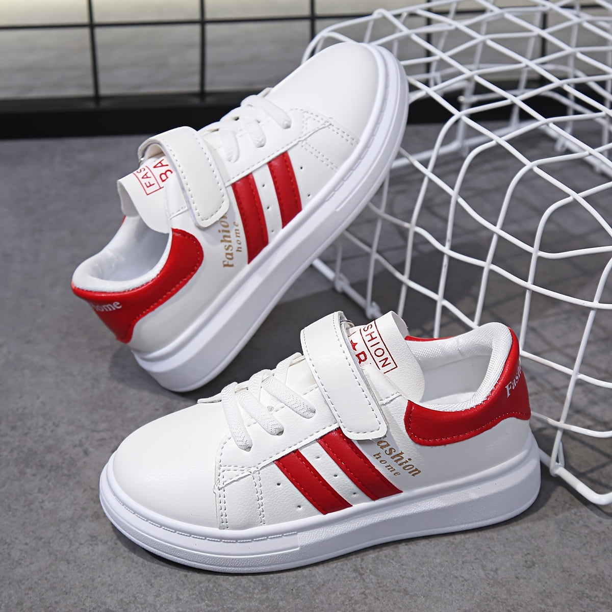 Kids' White Casual Sneakers for Boys and Girls with Red Stripes, PU Upper, PVC Sole