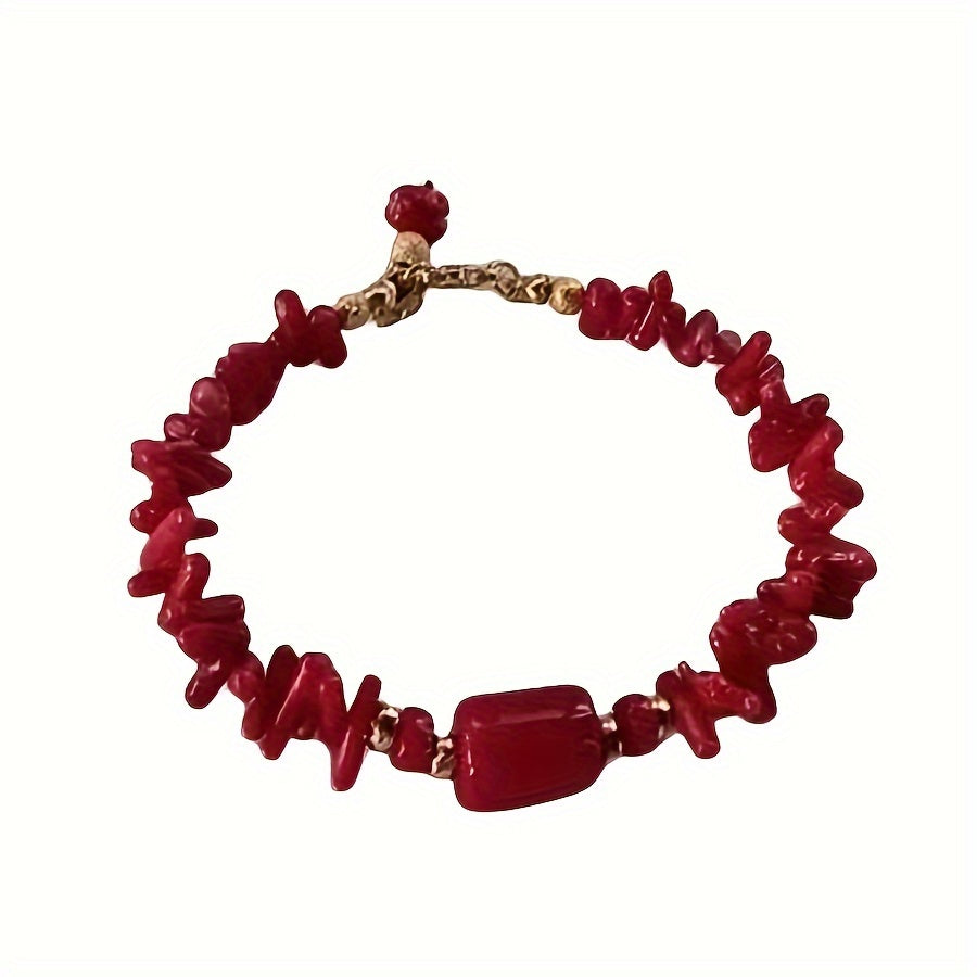 Women's Red Coral Boho Bracelet with December Birthstone and Toggle Clasp