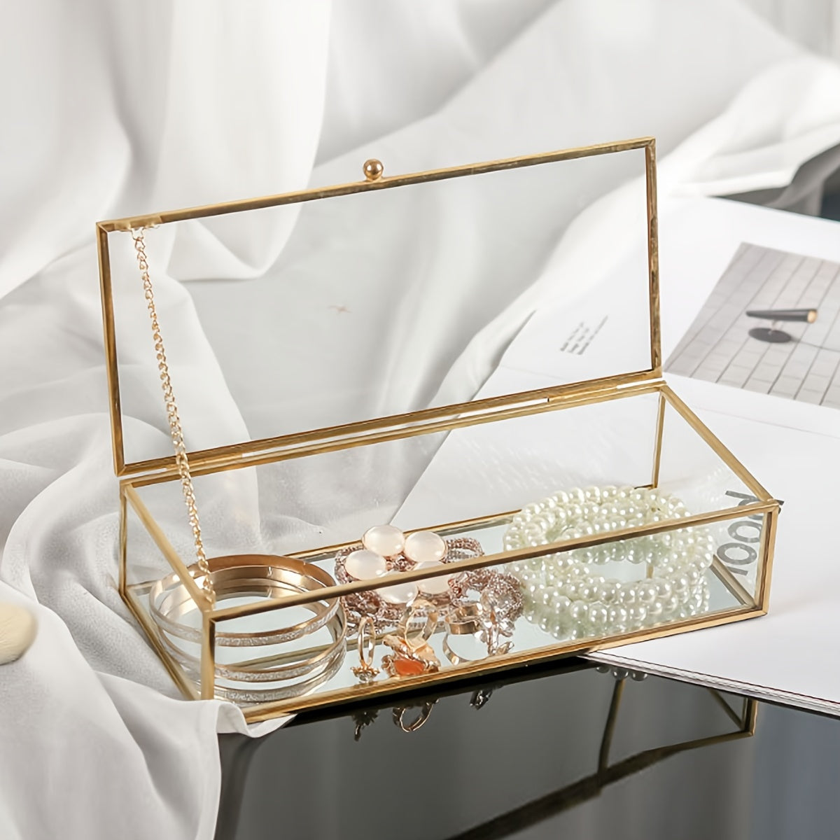 Прямоугольная стеклянная шкатулка для украшений с 1 отделением для браслетов, ожерелий и помад