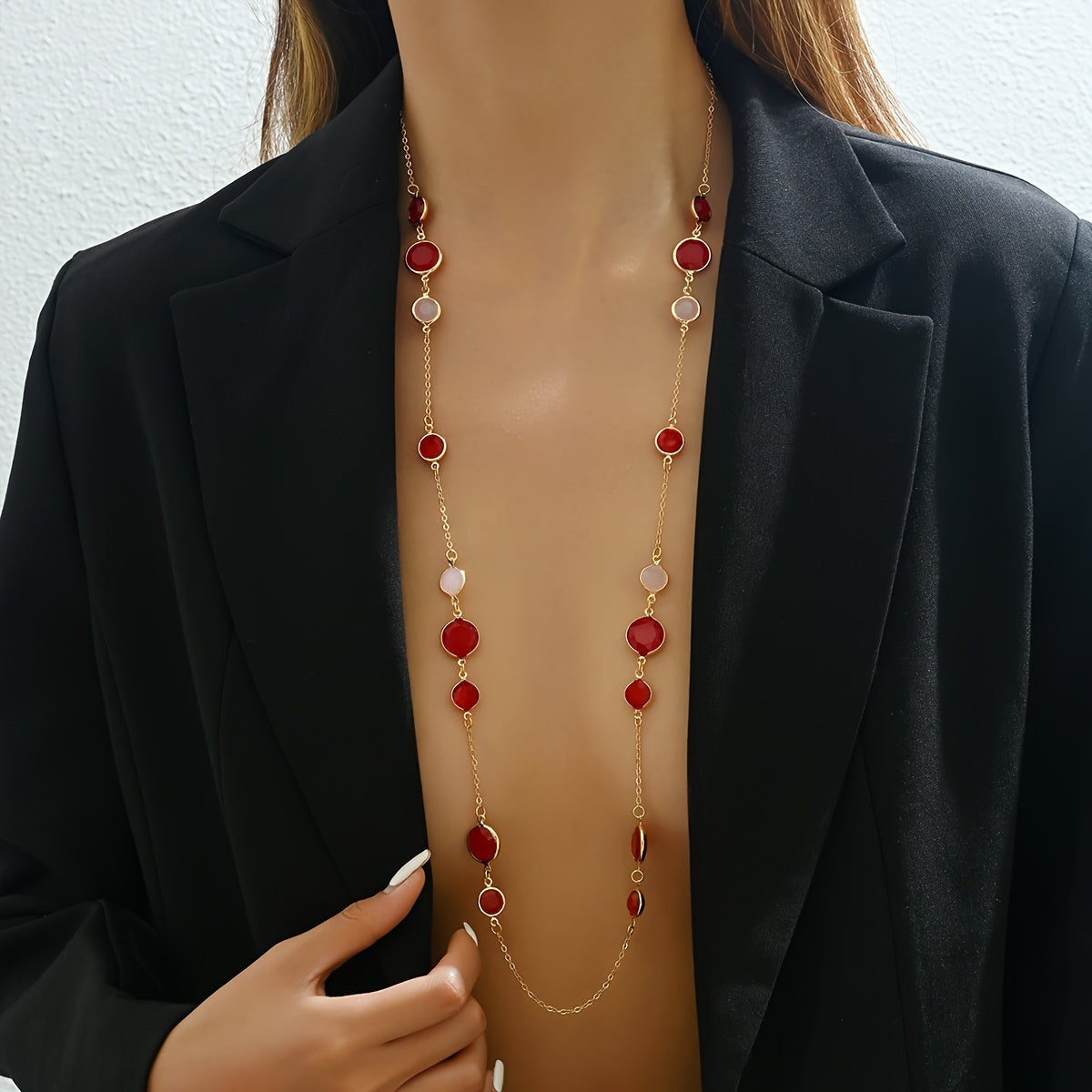 Women's Long Layered Necklace Minimalist Iron Chain with Plastic Gemstones
