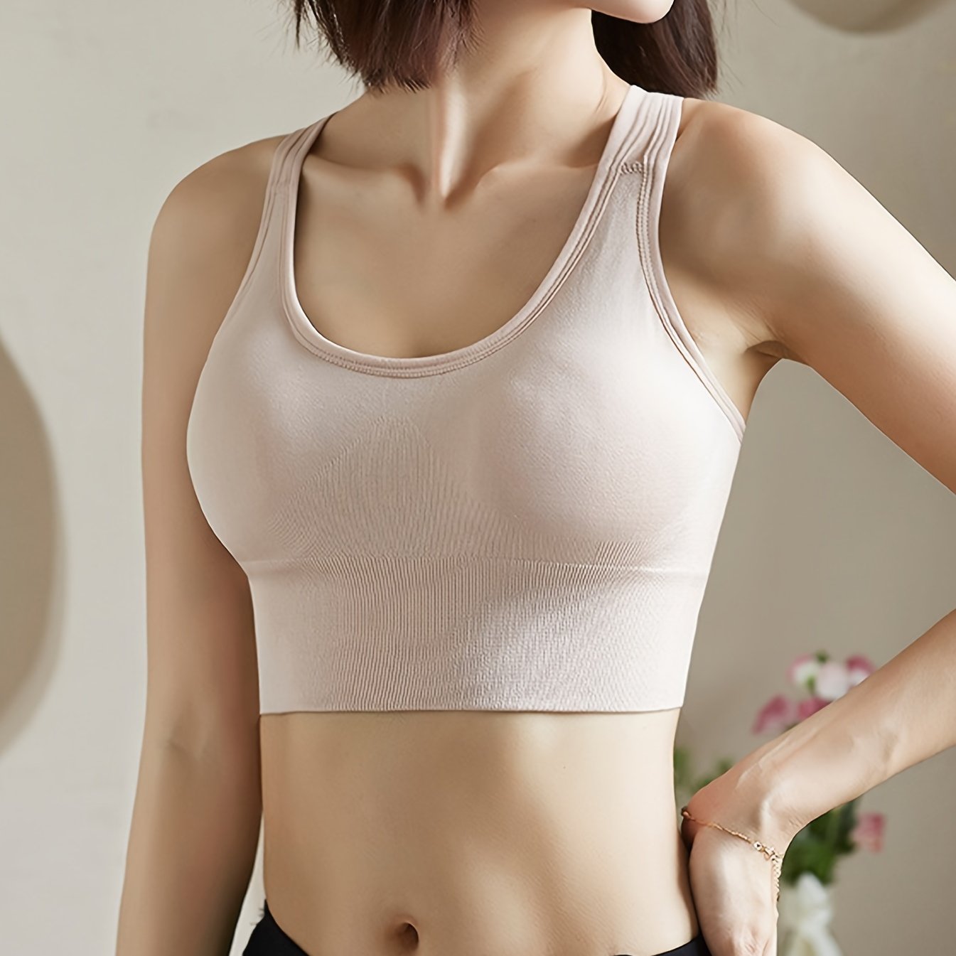 Women's Seamless Wireless Sports Bra with Removable Pads and Racerback Nylon Blend