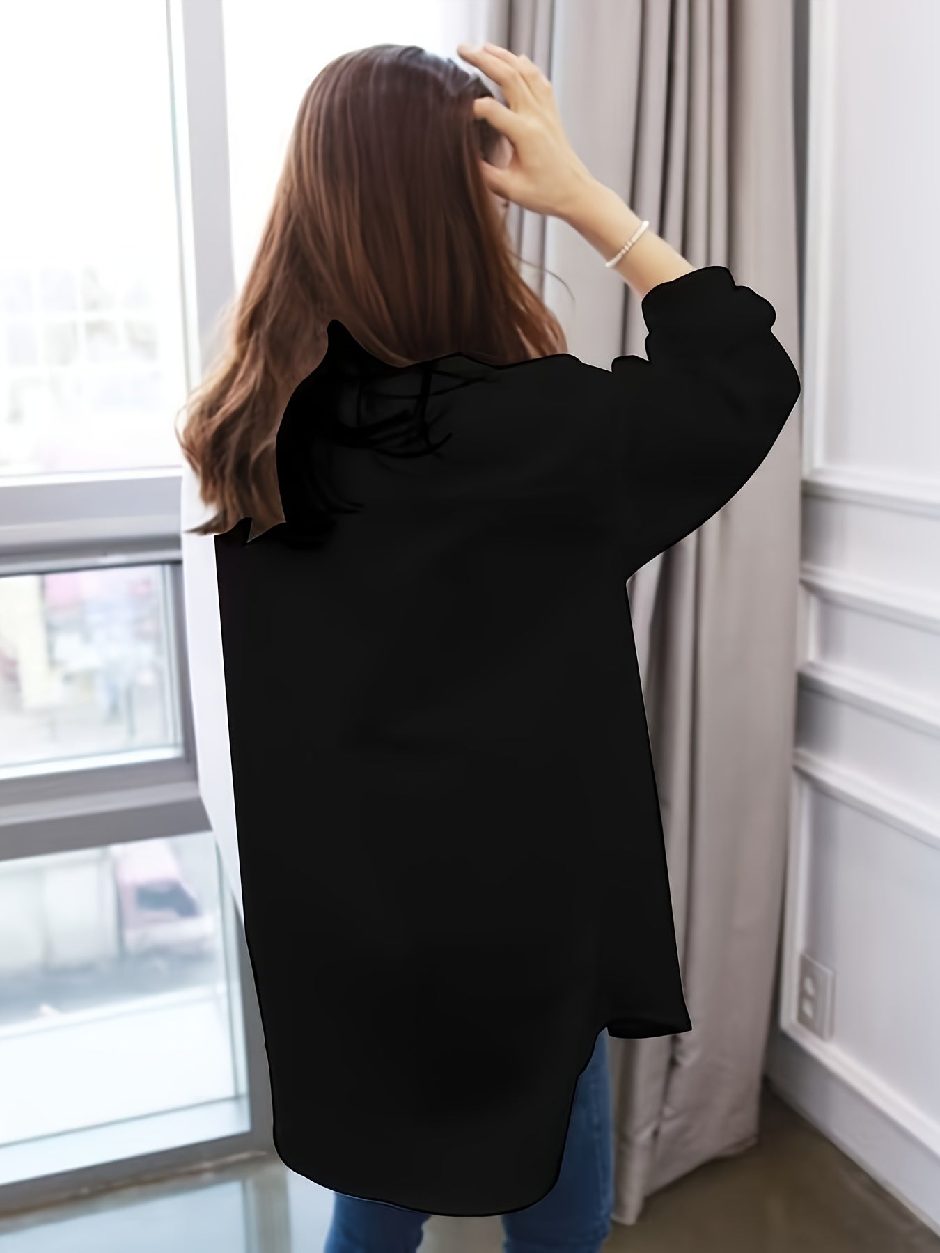 Women's Long Sleeve Blouse with Lapel Collar Button Detail Mermaid Hem Loose Fit for All Seasons