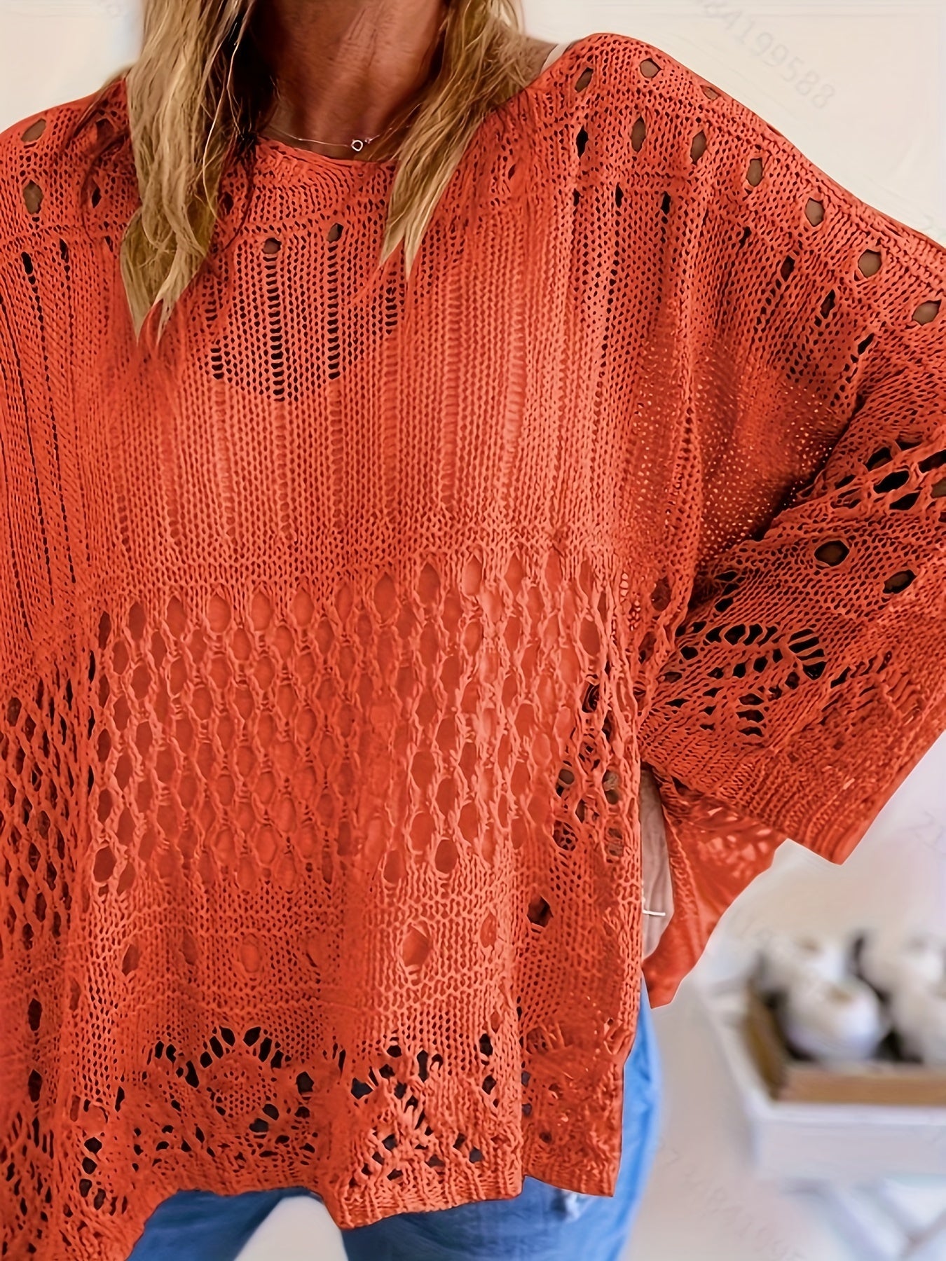 Plus Size Oversized Knitwear Layered Top with Sun Protection and Cut-Out Design