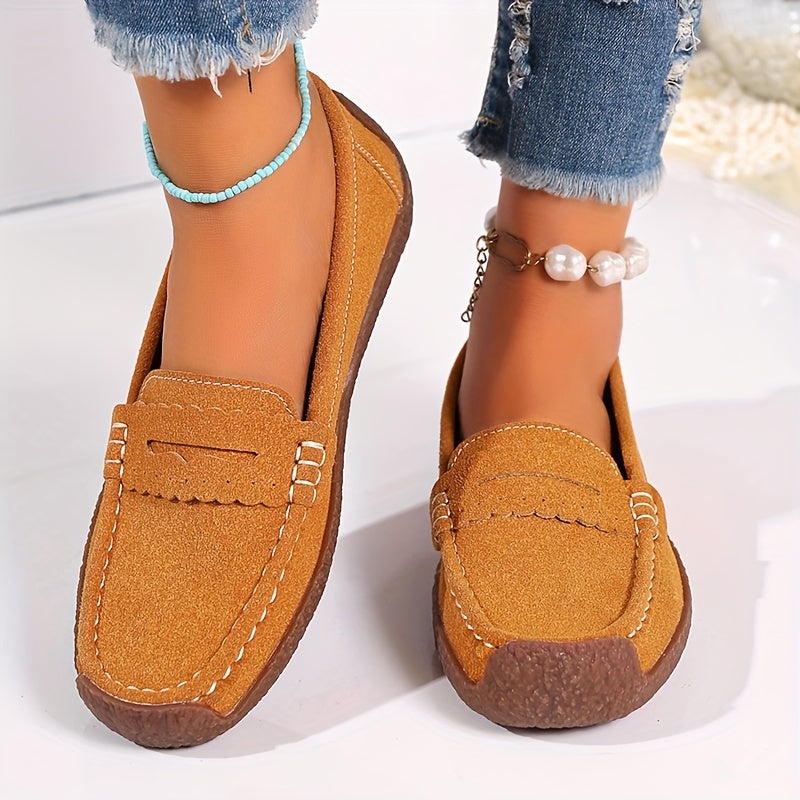 Women's Black Loafers Slip-On Flats Comfortable PU Casual Shoes