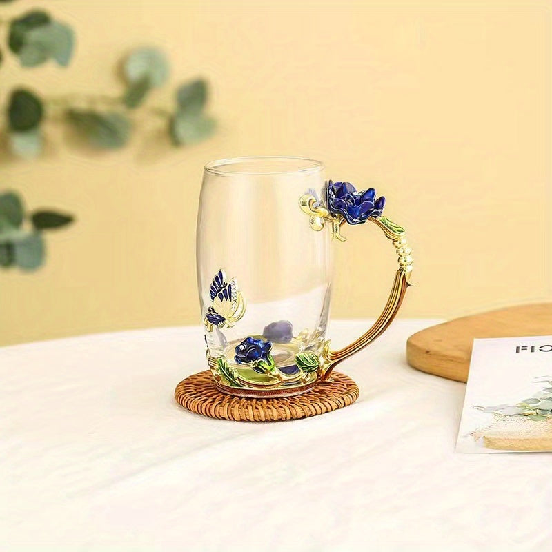 Enamel Crystal Tea Cup with Butterfly and Rose Design Heat Resistant for Coffee Water