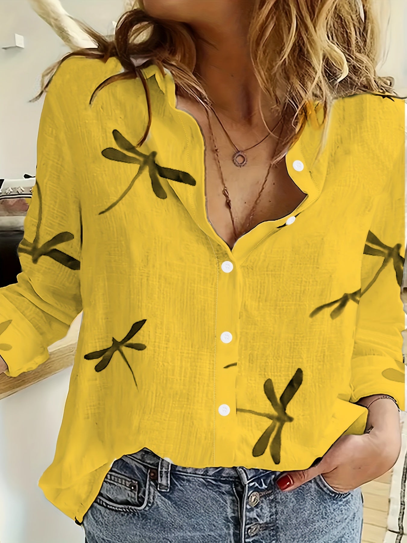 Women's Casual Dragonfly Print Blouse with Long Sleeves, Lapel Collar, Semi-Sheer Polyester Spandex