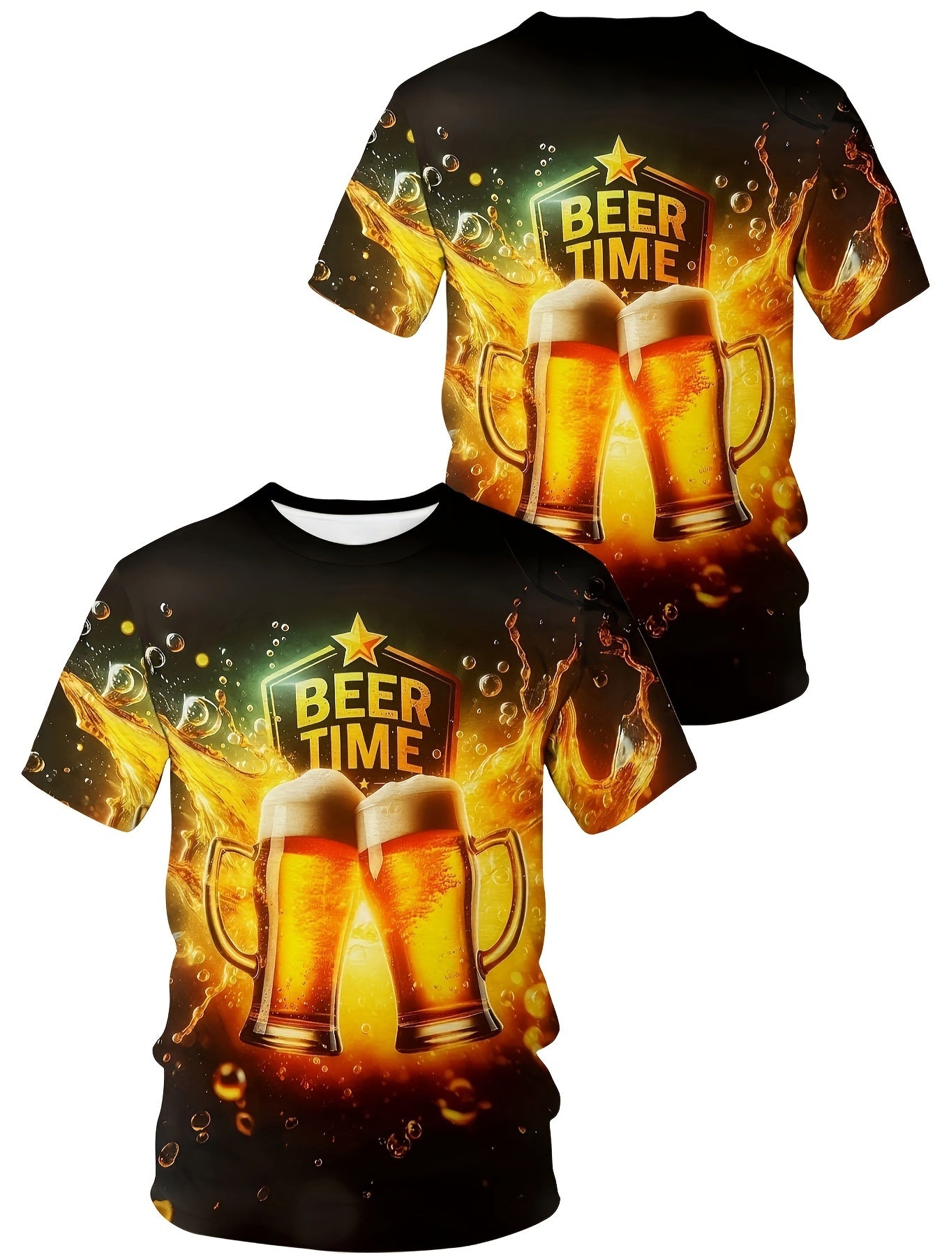 Camiseta gráfica de talla grande para hombre con diseño de cerveza y llama, mezcla de algodón, casual de manga corta