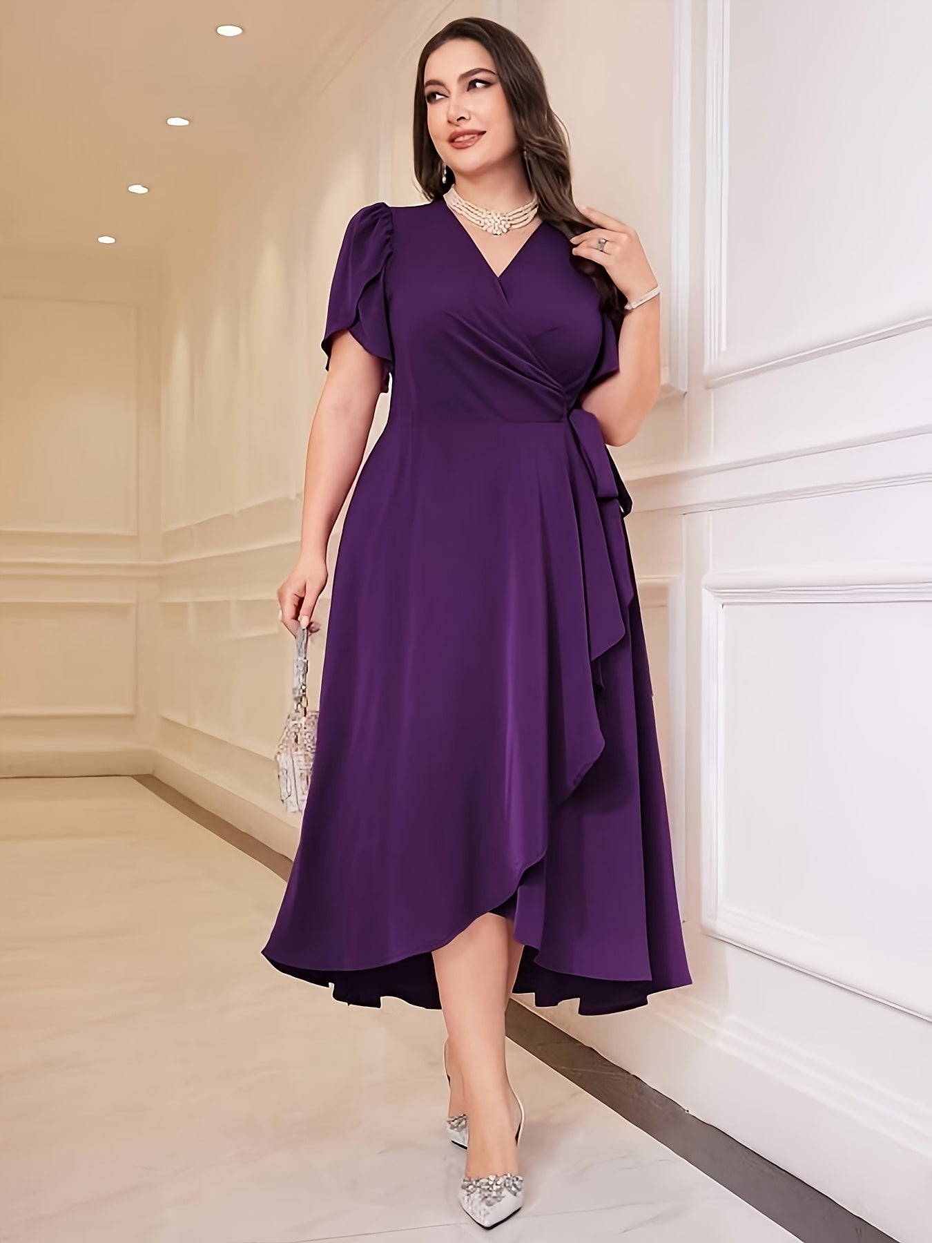 V-Neck Dress with Belt Detail Peplum Knit Solid Color All Seasons