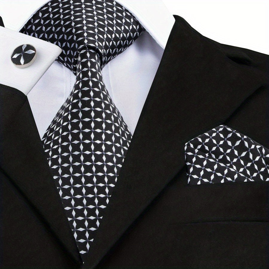 Men's Classic Necktie Set 160cm with Matching Hanky and Cufflinks for Business and Formal Events
