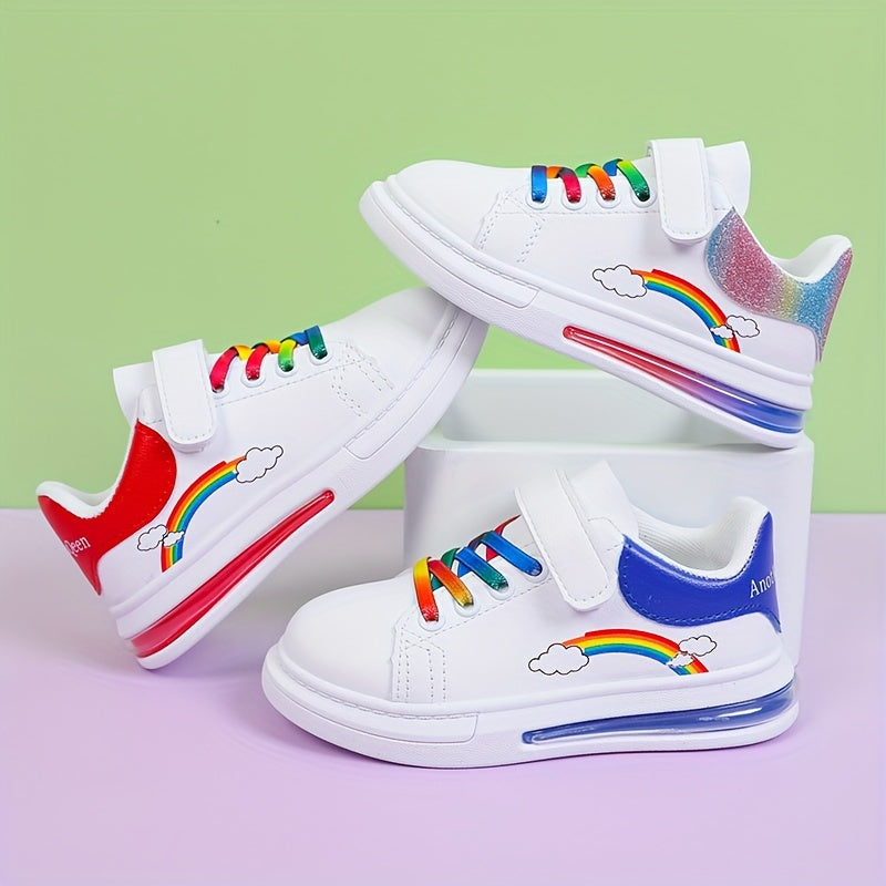 Girls Rainbow Sneakers White Low-Top Shoes with Cloud Pattern Breathable Comfortable Casual