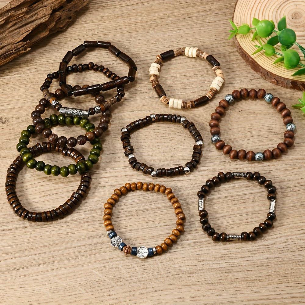 Set of 10 Bohemian Style Wooden Beaded Bracelets for Men Women Couple Gift