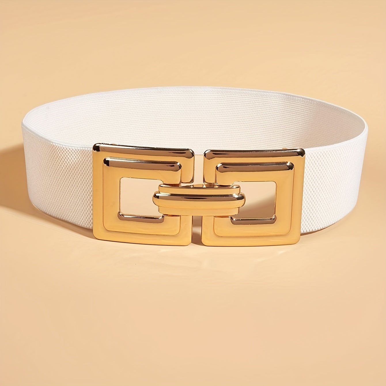 Женский широкий эластичный пояс с золотой двойной квадратной пряжкой для платьев
