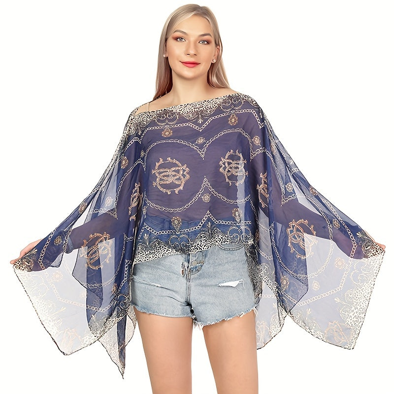 Large Lightweight Imitation Silky Shawl with Letter Chain Stripe Design for Beach and Seaside Travel