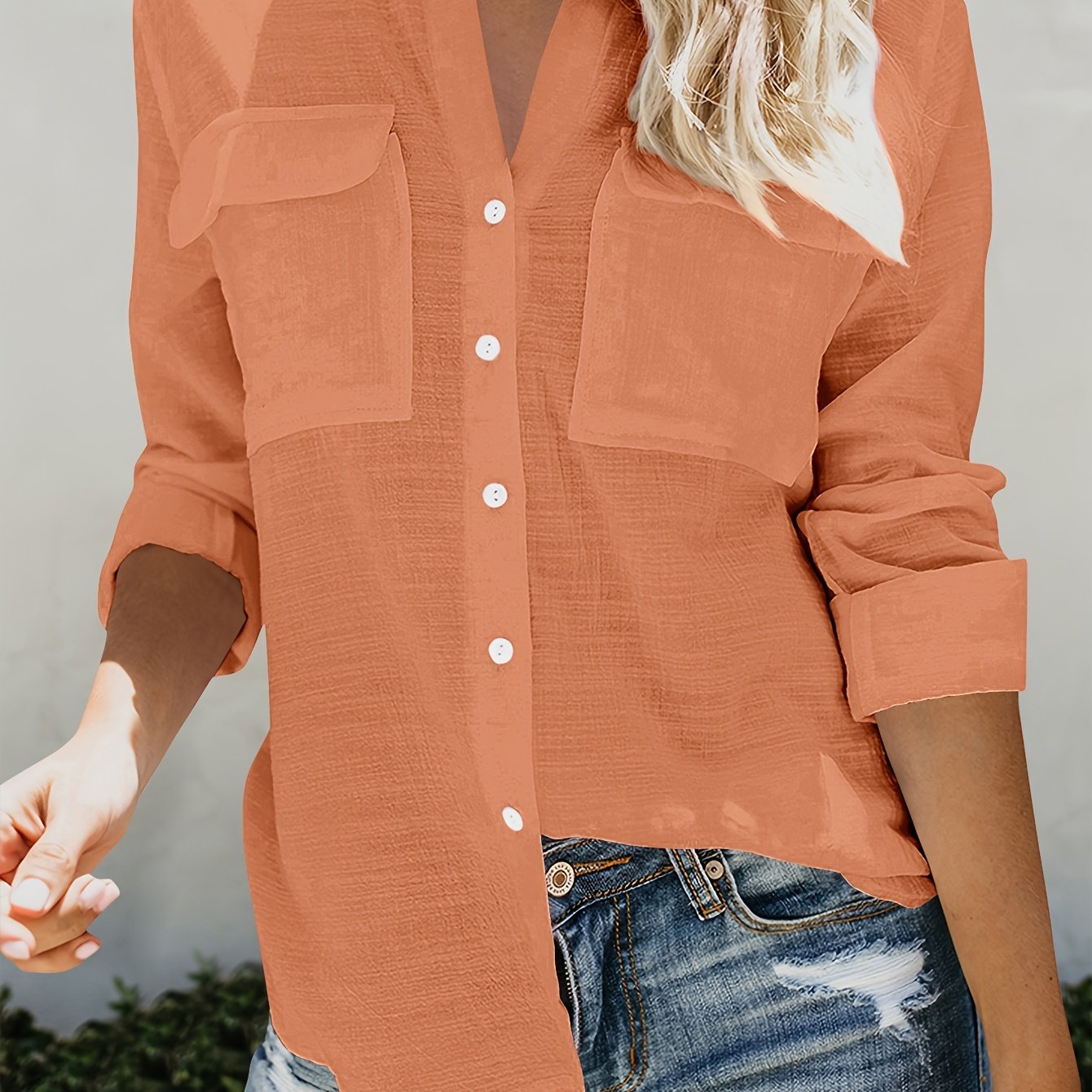 Women's Orange Cotton Blouse with V-Neck Button Front and Rolled Cuffs for Spring Fall