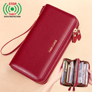 Women's Genuine Leather Wallet with Wristlet Burgundy Large Capacity Double Zip RFID Blocking