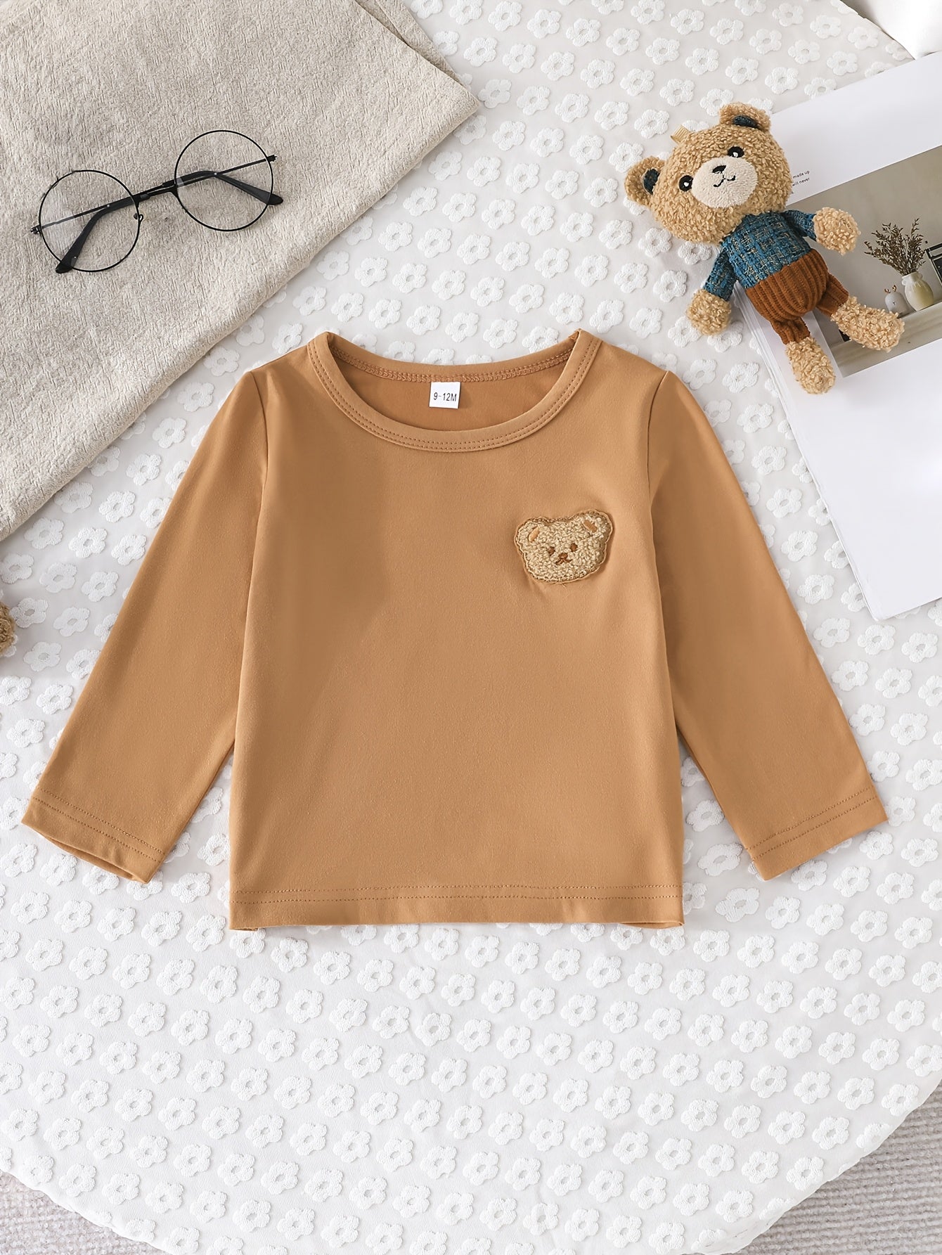 Kids Boys Three-Piece T-Shirt Set Long Sleeve Embroidered Bear Striped and Solid Colors