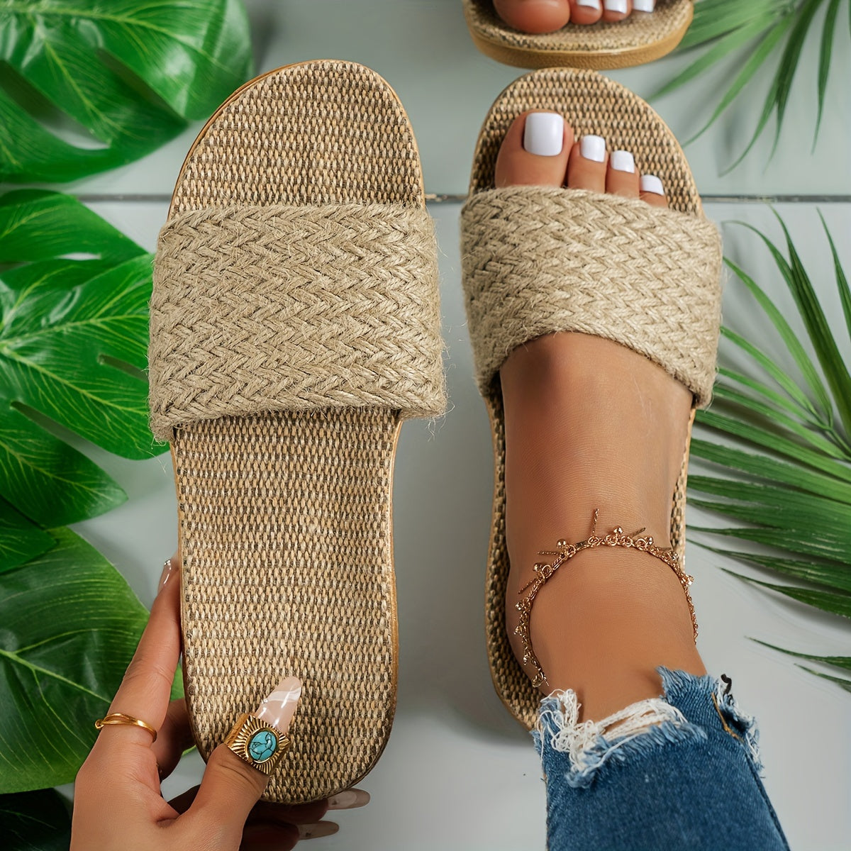 Women's Jute Straw Slip-On Sandals with Adjustable Back Strap for Summer