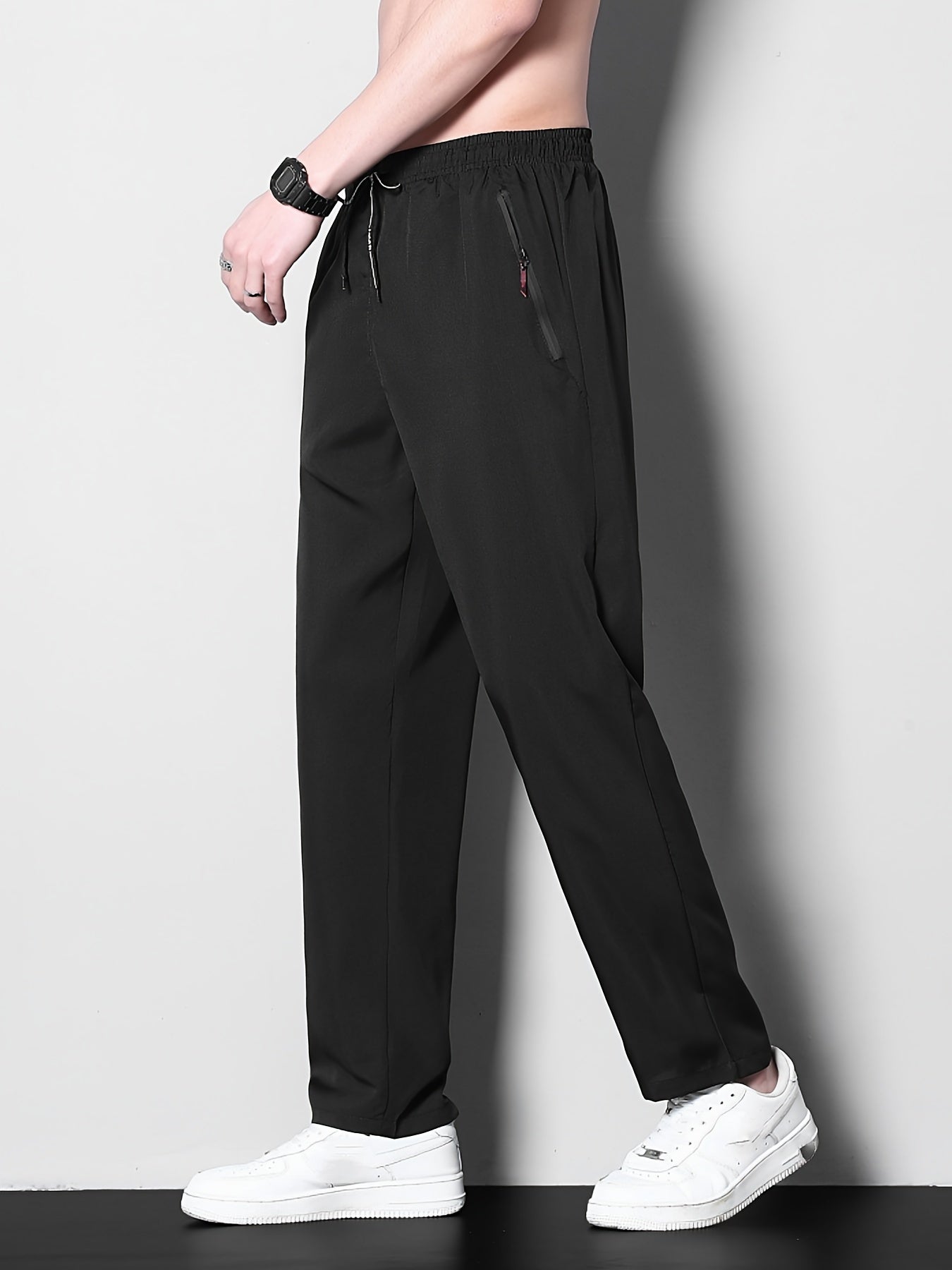 Men's Solid Polyester Casual Pants with Zipper Pockets for Summer Outdoor Activities