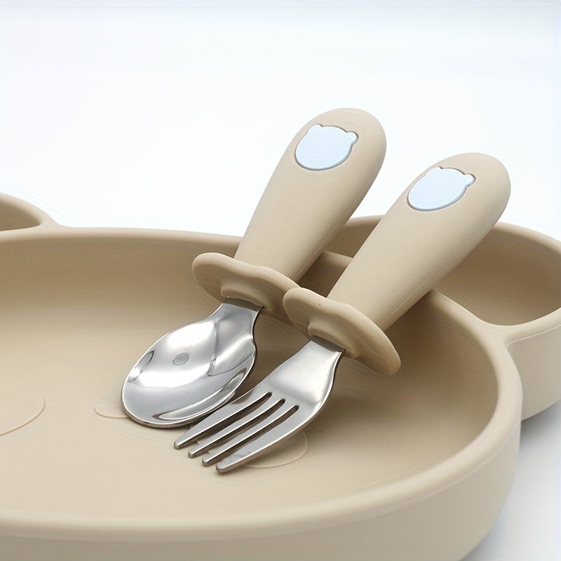 Bola va kichkina bolalar uchun idishlar to'plami, silikon Panda tutqichli zanglamaydigan po'latdan yasalgan vilka va qoshiq