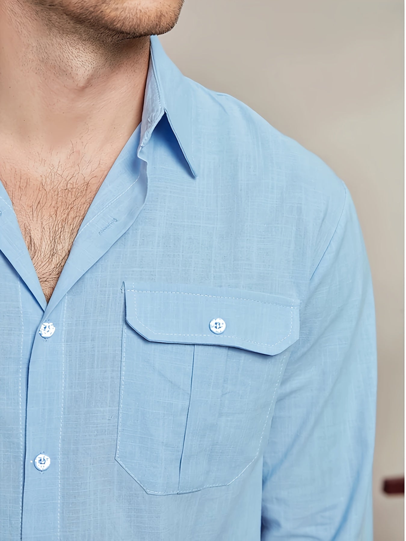 Men's Cotton Linen Blend Shirt Long Sleeve Lapel Collar Pockets Regular Fit Spring Fall