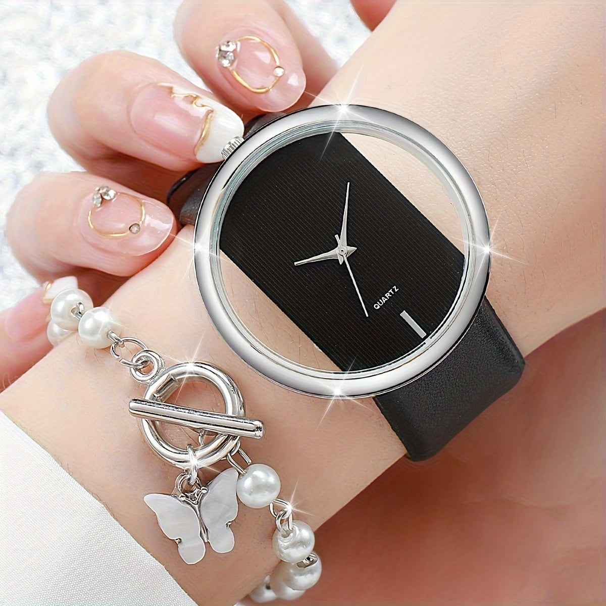Women's Fashion Watch Set with Skeleton Dial and Leather Bracelet