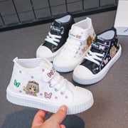 Girls' Canvas Sneakers with Cartoon Pattern, Ruffled Details, Hook-and-Loop Closure