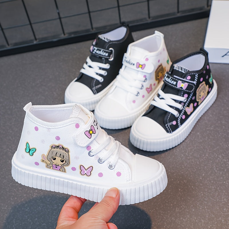 Girls' Canvas Sneakers with Cartoon Pattern, Ruffled Details, Hook-and-Loop Closure