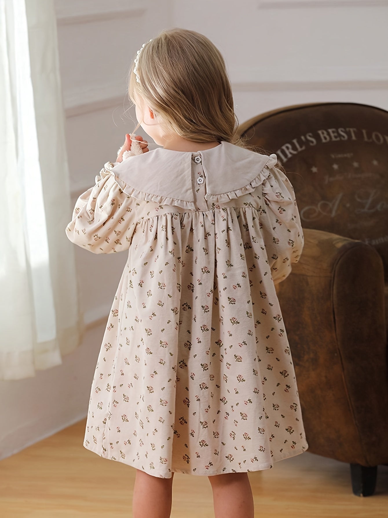Girls' Floral Cotton Knee-Length Dress with Ruffle Hem and Long Lantern Sleeves