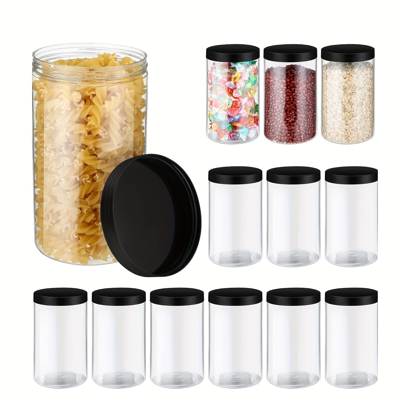 Set of 6 43oz Clear PET Food Storage Jars with Black Lids Wide Mouth BPA Free