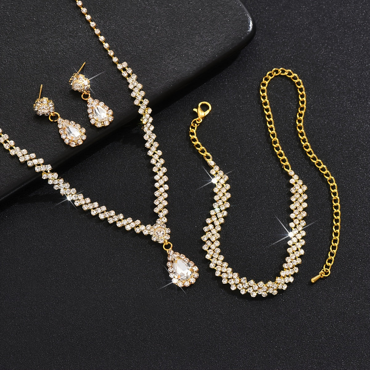 Trendy Female Wedding Jewelry Set Dangle Earrings Necklace Bracelet Water Drop Rhinestones