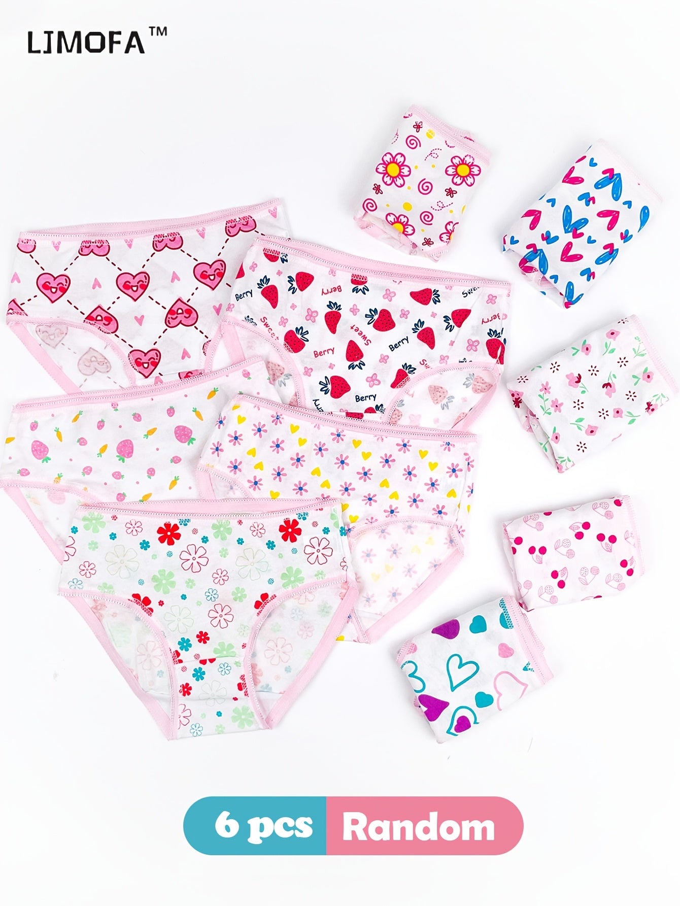 Girls Cotton Panties Set 6 Pairs Floral Love Pattern Breathable Lace Briefs