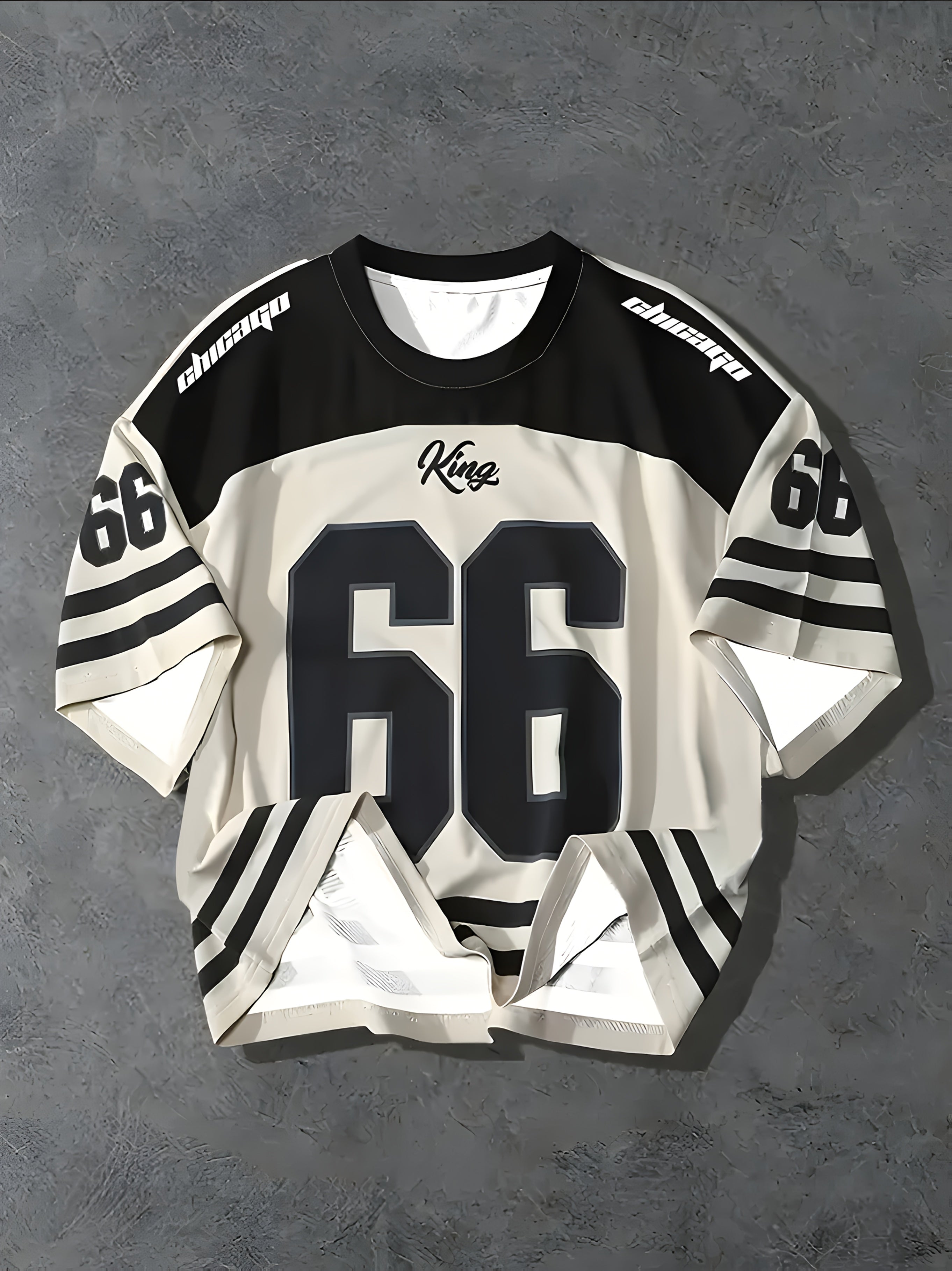 Erkaklar uchun Plus Size Chicago 66 Print T-Shirt, nafas oladigan qulaylik va cho'ziluvchan trikotaj mato bilan, mashinada yuvish mumkin, qora va oq diagonal chiziqlar, dumaloq bo'yin, partiya kiyimlari, tasodifiy uslub