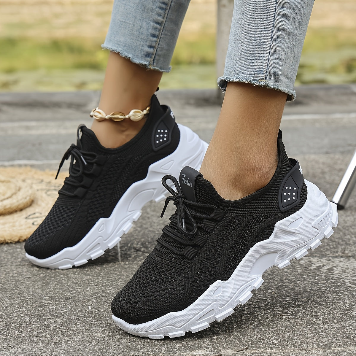 Women's Breathable Knitted Loafers Slip-On Casual Shoes with Thick Soles