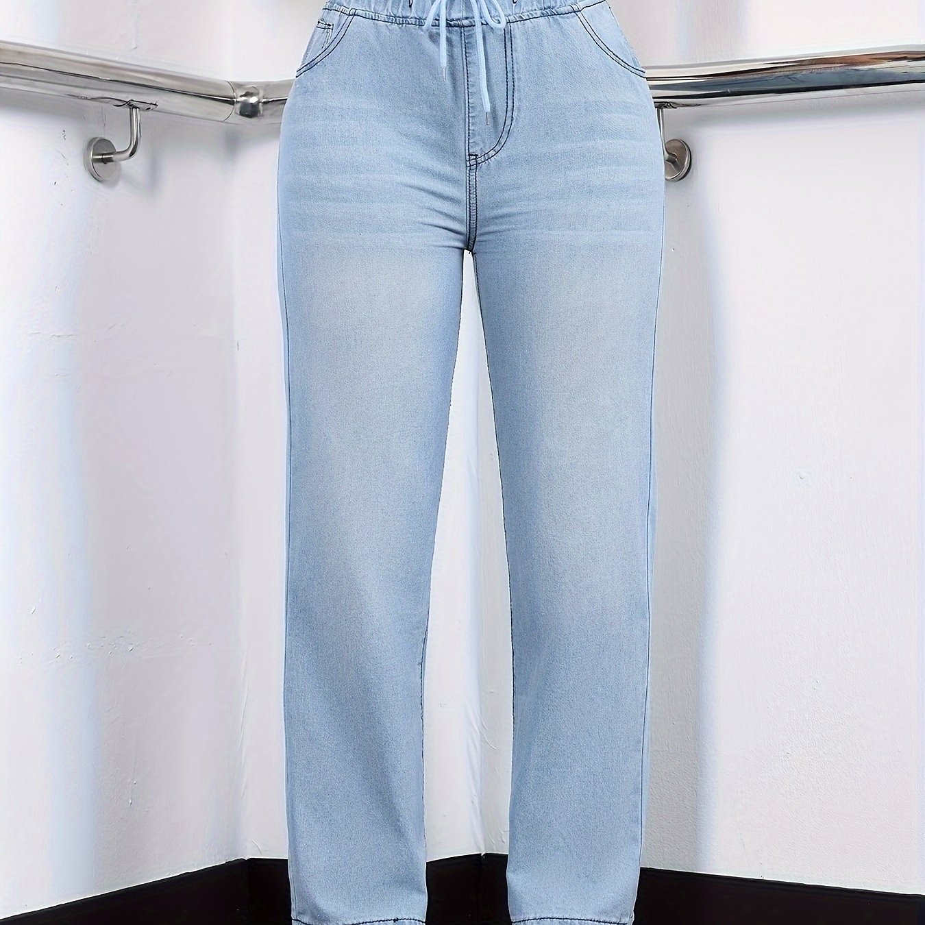 Women's Light Blue Straight Leg Jeans with Drawstring Waist Casual