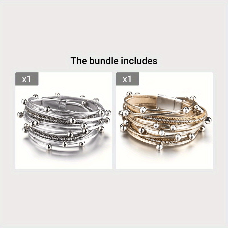 Multi-Layer Faux Leather Bracelet for Men Women Double Wrap Rhinestones Gift