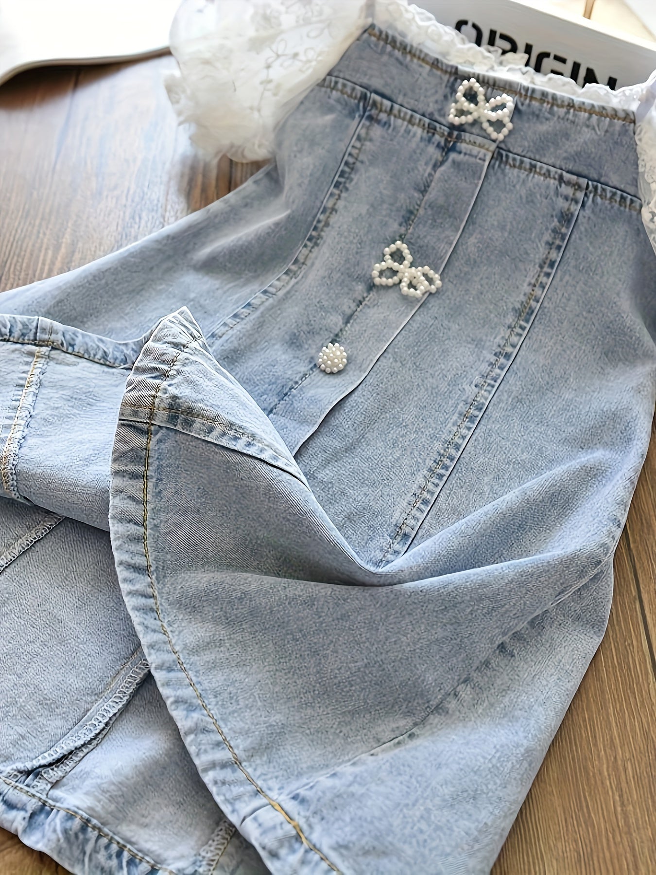 Kids' A-Line Denim Dress with Pearl Bubble Lace Sleeves Butterfly Details and Bow Accent for Summer Ages 12 and Under