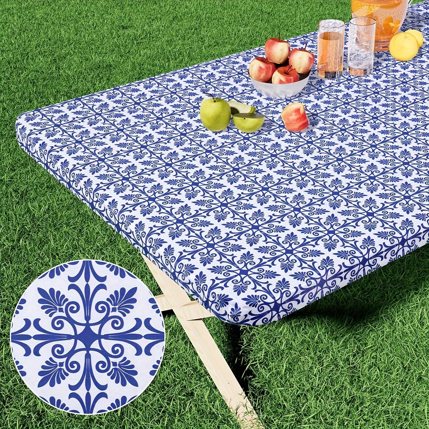 Baroque Style Waterproof Fitted Tablecloth with Elastic Flannel Backing for Outdoor Use